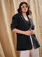 Women Black Denim Washed Oversized Notch Collar Blazer-SFJCKT6923