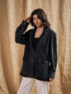 Women Black Denim Washed Oversized Notch Collar Blazer-SFJCKT6923