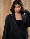 Women Black Denim Washed Oversized Notch Collar Blazer-SFJCKT6923