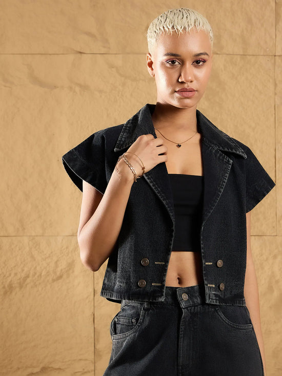 Women Black Denim Washed Front Open Crop Gilet-SFJCKT6924