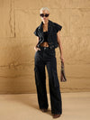 Women Black Denim Washed Front Open Crop Gilet-SFJCKT6924