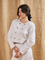 Women White Twiill Double Breasted Crop Blazer-SFJCKT6925