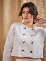 Women White Twiill Double Breasted Crop Blazer-SFJCKT6925