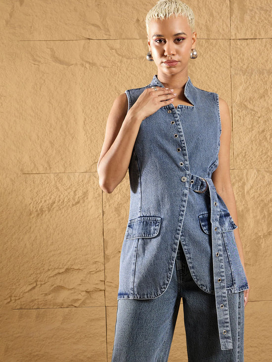 Women Blue Wash Denim Eyelet Sleeveless Jacket-SFJCKT6928