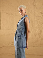 Women Blue Wash Denim Eyelet Sleeveless Jacket-SFJCKT6928