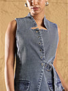 Women Blue Wash Denim Eyelet Sleeveless Jacket-SFJCKT6928