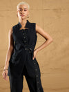 Women Black Wash Denim Eyelet Sleeveless Jacket-SFJCKT6929