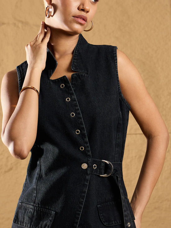 Women Black Wash Denim Eyelet Sleeveless Jacket-SFJCKT6929