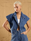 Women Blue Denim Washed Front Open Crop Gilet-SFJCKT6930