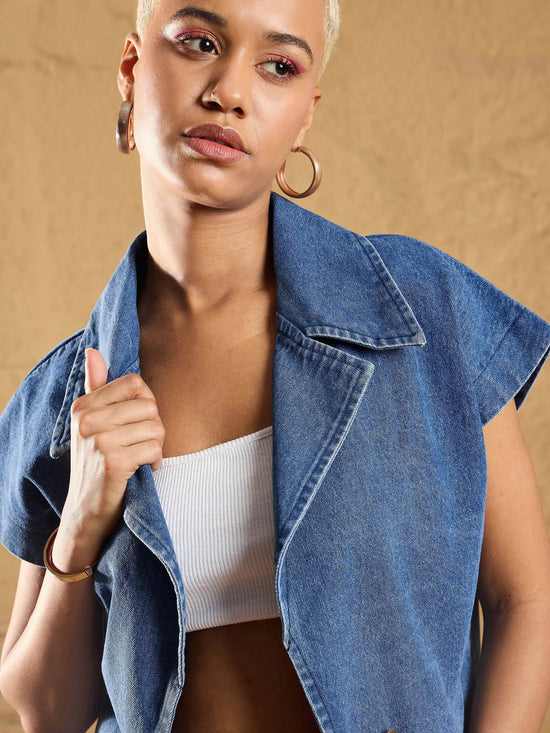 Women Blue Denim Washed Front Open Crop Gilet-SFJCKT6930