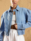 Women Blue Washed Zipper Biker Crop Jacket-SFJCKT6931