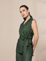 Women Green Striped Sleeveless Front Tie-Up Blazer-SFJCKT6942