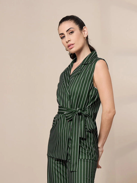 Women Green Striped Sleeveless Front Tie-Up Blazer-SFJCKT6942