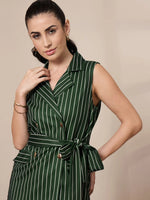 Women Green Striped Sleeveless Front Tie-Up Blazer-SFJCKT6942