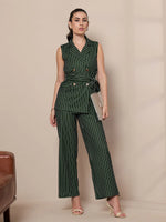 Women Green Striped Sleeveless Front Tie-Up Blazer With Straight Pants-SFJCKT6942_SFPANT50903