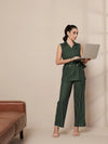 Women Green Striped Sleeveless Front Tie-Up Blazer With Straight Pants-SFJCKT6942_SFPANT50903