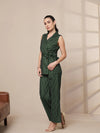 Women Green Striped Sleeveless Front Tie-Up Blazer With Straight Pants-SFJCKT6942_SFPANT50903