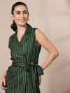 Women Green Striped Sleeveless Front Tie-Up Blazer With Straight Pants-SFJCKT6942_SFPANT50903