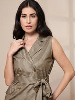 Women Beige Striped Sleeveless Front Tie-Up Blazer-SFJCKT6943