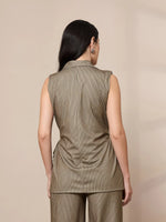 Women Beige Striped Sleeveless Front Tie-Up Blazer-SFJCKT6943