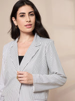 Women White Striped Front Button Blazer-SFJCKT6944