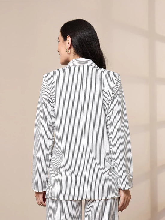 Women White Striped Front Button Blazer-SFJCKT6944