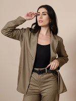 Women Beige Striped Front Button Blazer-SFJCKT6945