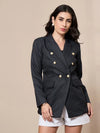 Women Grey Double-Breasted Check Blazer-SFJCKT6946