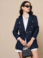 Women Navy Double-Breasted Check Blazer-SFJCKT6947