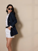 Women Navy Double-Breasted Check Blazer-SFJCKT6947