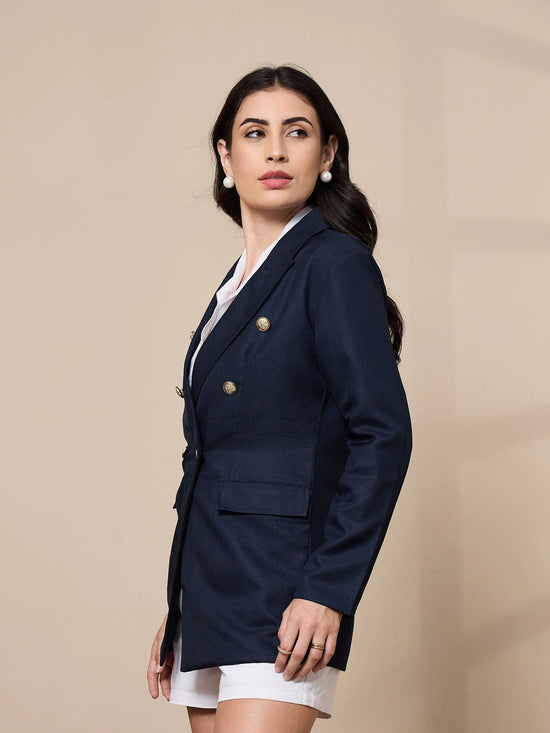 Women Navy Double-Breasted Check Blazer-SFJCKT6947