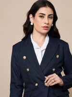 Women Navy Double-Breasted Check Blazer-SFJCKT6947