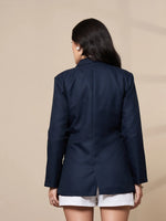 Women Navy Double-Breasted Check Blazer-SFJCKT6947