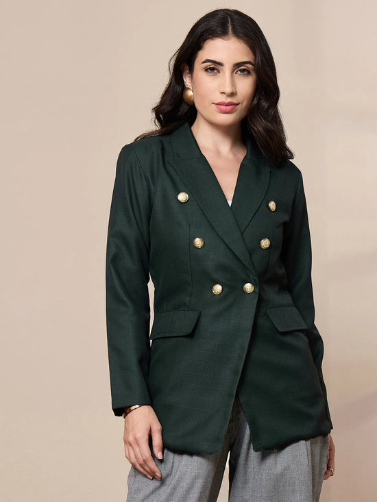 Women Green Double-Breasted Check Blazer-SFJCKT6948