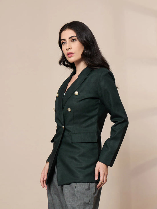 Women Green Double-Breasted Check Blazer-SFJCKT6948