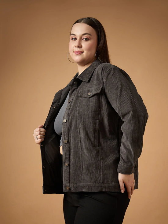 Women Dark Grey Corduroy Front Button Jacket-SFJCKT6955