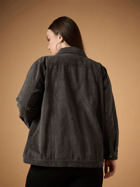 Women Dark Grey Corduroy Front Button Jacket-SFJCKT6955