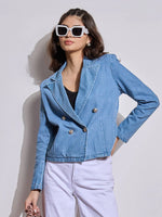 Women Blue Denim Front Button Notch Collar Crop Blazer-SFJCKT6956