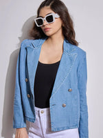 Women Blue Denim Front Button Notch Collar Crop Blazer-SFJCKT6956