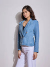 Women Blue Denim Front Button Notch Collar Crop Blazer-SFJCKT6956