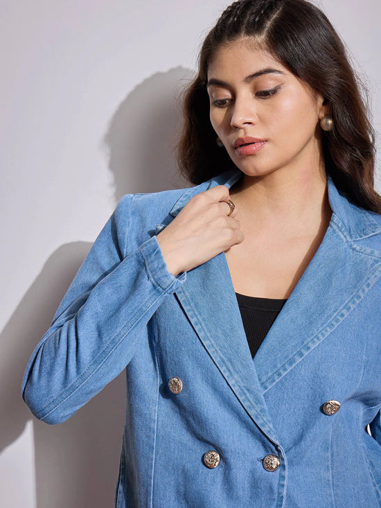 Women Blue Denim Front Button Notch Collar Crop Blazer-SFJCKT6956