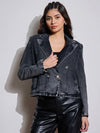 Women Black Denim Front Button Notch Collar Crop Blazer-SFJCKT6957