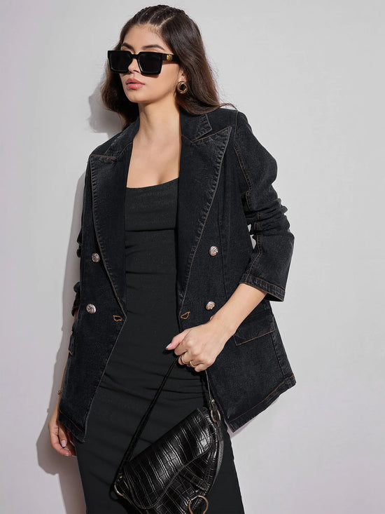 Women Black Washed Notch Collar Full Sleeve Blazer-SFJCKT6959