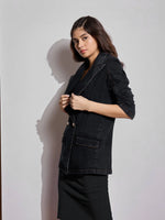 Women Black Washed Notch Collar Full Sleeve Blazer-SFJCKT6959