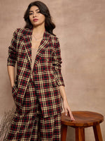 Women Black & Beige Check Double Brested Blazer-SFJCKT6960