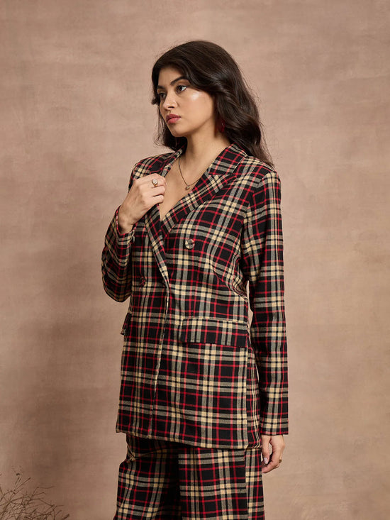 Women Black & Beige Check Double Brested Blazer-SFJCKT6960