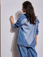 Women Blue Washed Denim Back Heart Patch Shacket-SFJCKT6962