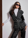 Women Black Washed Pocket Detail Sleeveless Belted Jacket-SFJCKT6964