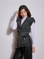 Women Black Washed Pocket Detail Sleeveless Belted Jacket-SFJCKT6964