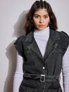 Women Black Washed Pocket Detail Sleeveless Belted Jacket-SFJCKT6964